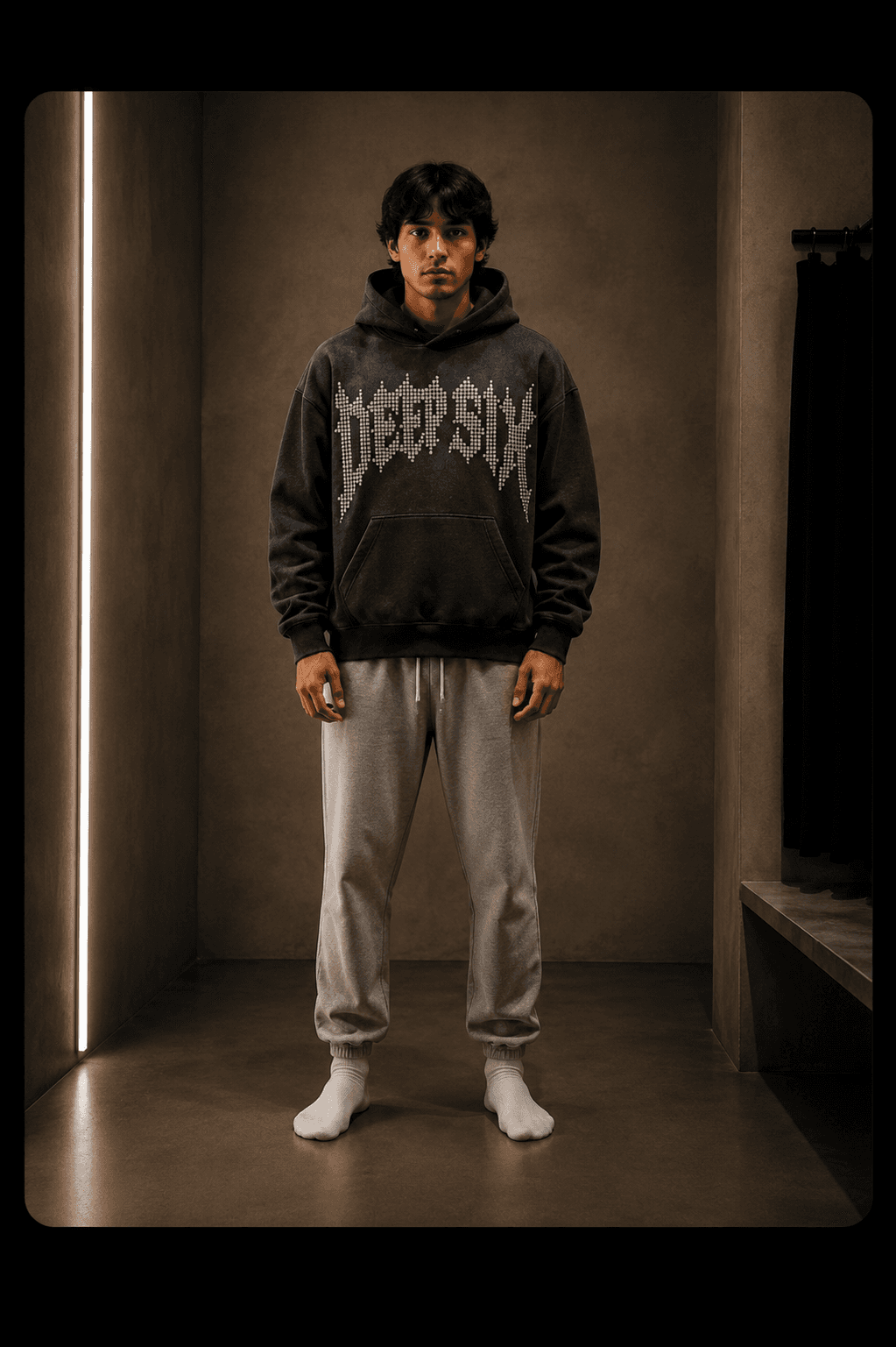 DeepSix Hoodie with action graphic — Drape try-on result